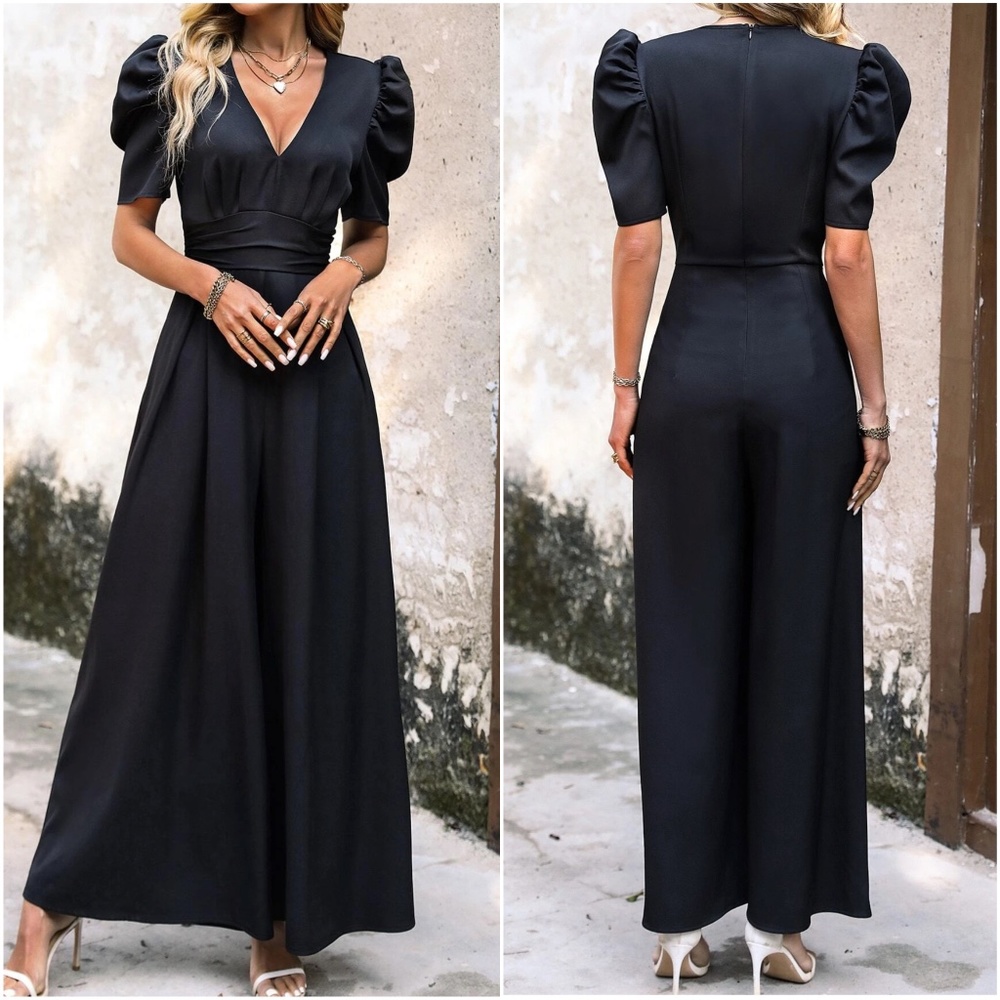 Luxe V neck Puff Sleeve Elegant Jumpsuit - Picture 3 of 6